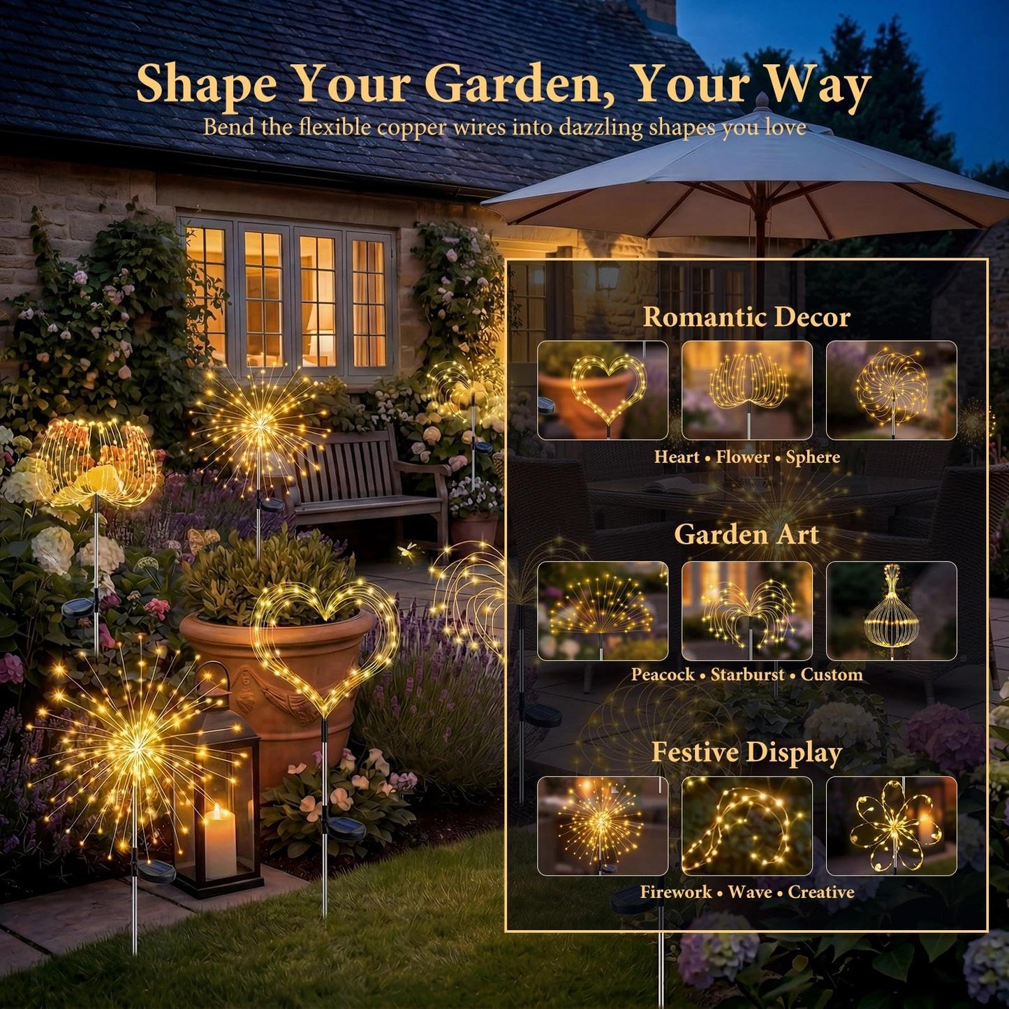 Fairdeer Solar Firework Lights Outdoor 2 Pack, 120LED Starburst Garden Lights Solar Powered with 8 Lighting Modes, Waterproof Decorative Lights for Flower, Walkways, Garden Patio & 4th of July Decor