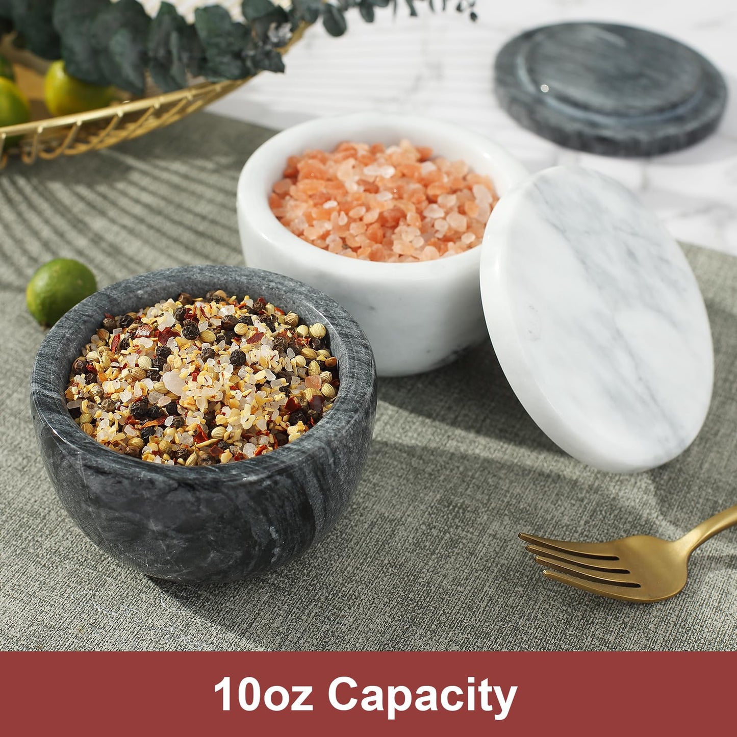 jalz jalz Marble Salt and Pepper Box Set with Spoons and Lid, Salt Cellar Salt Keeper Container, Black and White, Large Capacity 10 Ounce Bowl, 4 inch Diameter, 2.8 inch Height
