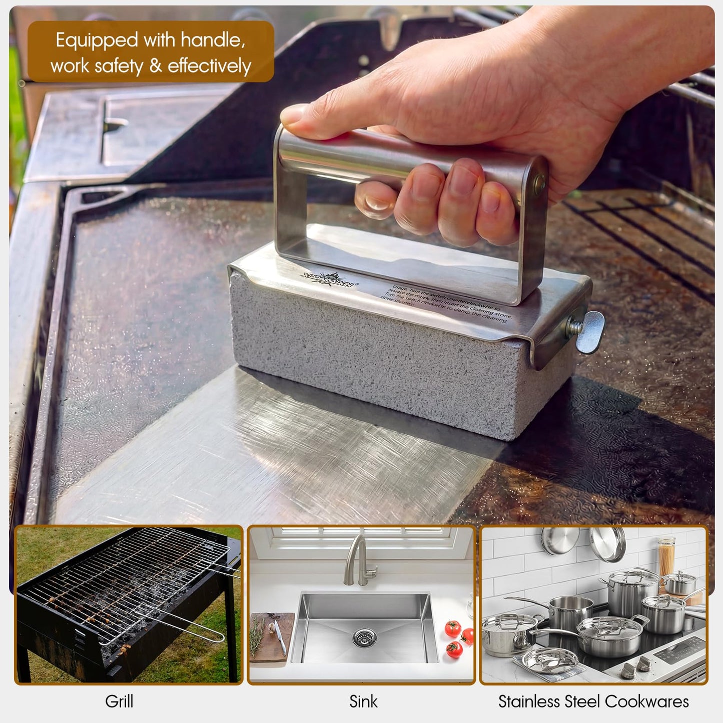 XUDAKAIXIN Grill Cleaning Bricks with Handle, Pumice Griddle Cleaning Stone Removing Stains for Grill,Plattop Griddle,Sink,Cookwares,Floor,Countertop(3-Pack with Handle)