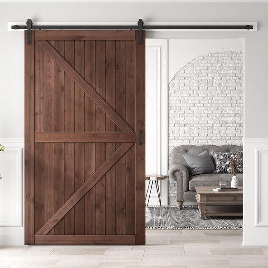 ROYMELO 54x96 inch Sliding Barn Wood Door Slab with 9ft Hardware Kit and Handle, Coffee, K Shape, Simple DIY Assembly