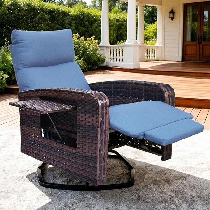 Outdoor Recliner Chair Set of 2, Wicker Patio Recliners with Adjustable Backrest and Extended Foot Rest, Reclining Patio Chairs with Flip Table & Removable Cushion Cover for Porch