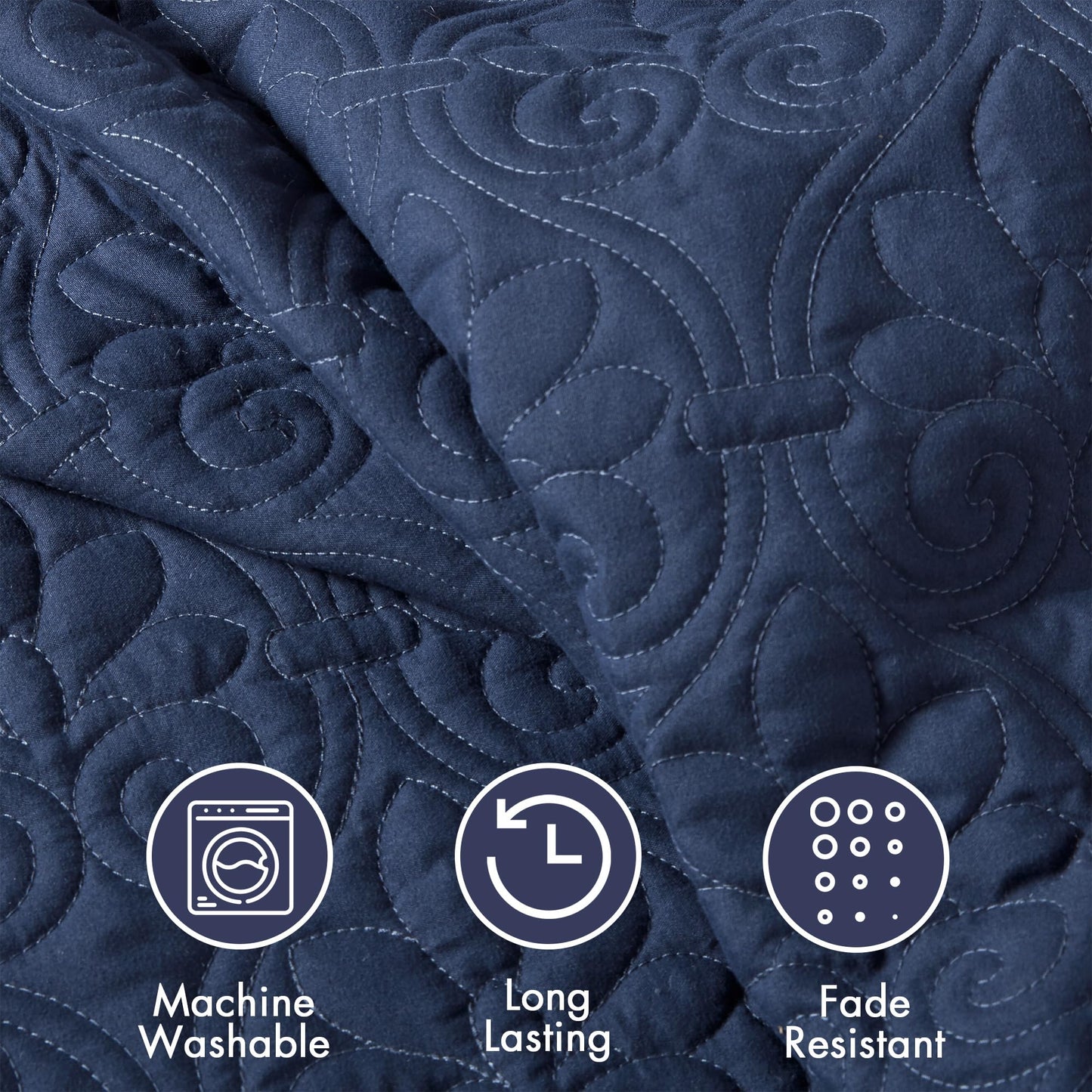 Madison Park Quebec Split Corner Quilted Bedspread Classic Traditional Design All Season, Lightweight, Bedding Set, Matching Shams, Queen, Damask Quilted Navy 3 Piece