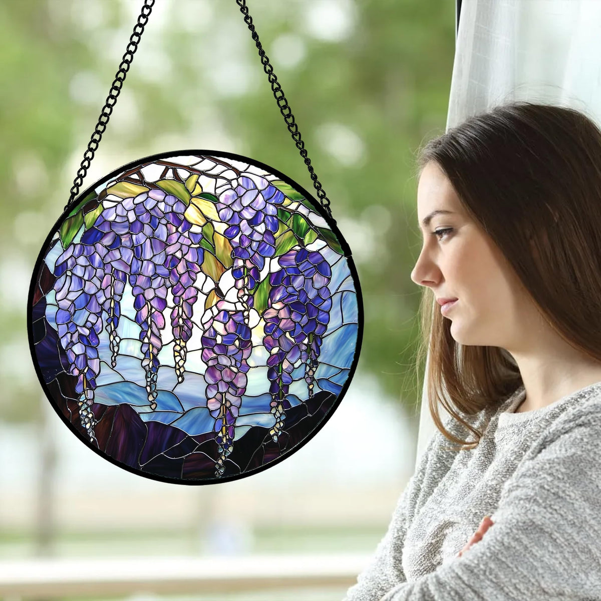 AMDERVEN Stained Glass Window Hanging, Wisteria Flower Sun Catcher for Door Home Decor Purple and Blue Suncatcher Christmas Mother's Day Birthday Gifts for Women Men Mom and Nana 9.8 in