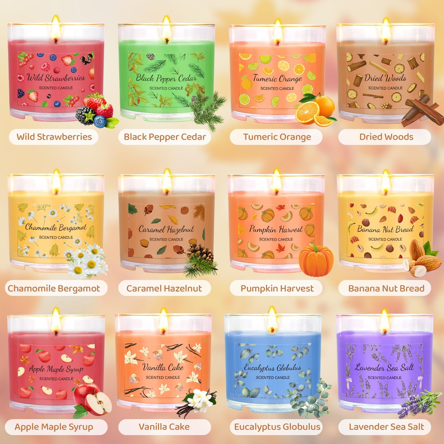 Fall Candles Bulk, 12 Pack Scented Candles for Home, Candle Set for Women, Small Soy Candles Scent of Pumpkin Vanilla Caramel Lavender, Mini Candle Gift Set for Mothers Day Birthday Christmas Birthday