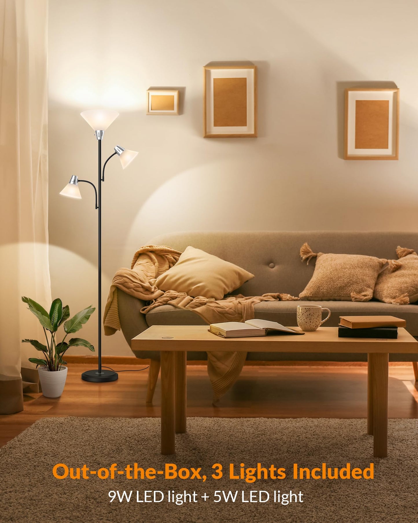 LEPOWER Floor Lamp, Standing Lamp with Replaceable 3000K Energy-Saving, Metal Lamp for Living Room with Adjustable Reading Lights, Modern Bright Floor Lamp for Bedroom, Office