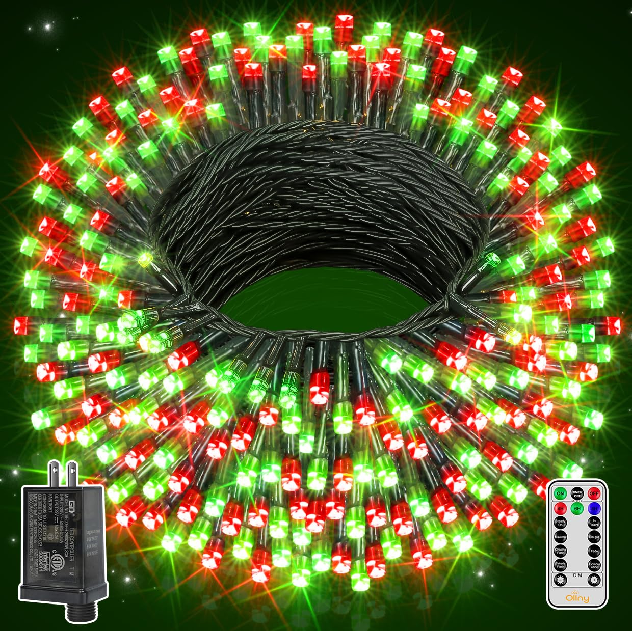 Ollny Christmas Lights 400LED 132FT, Remote Plug-in Red & Green Tree Lights with Timer and 8 Modes, Waterproof for Indoor/Outdoor Xmas Decorations
