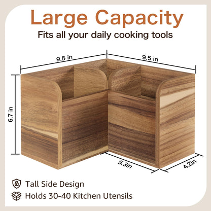 Vorisebo Acacia Wood Kitchen Utensil Holders for Countertop, Wooden Corner Utensils Holder with 3 Compartment, Farmhouse Utensil Caddy for Storage Cooking and Silverware, Opened Up Counter Space