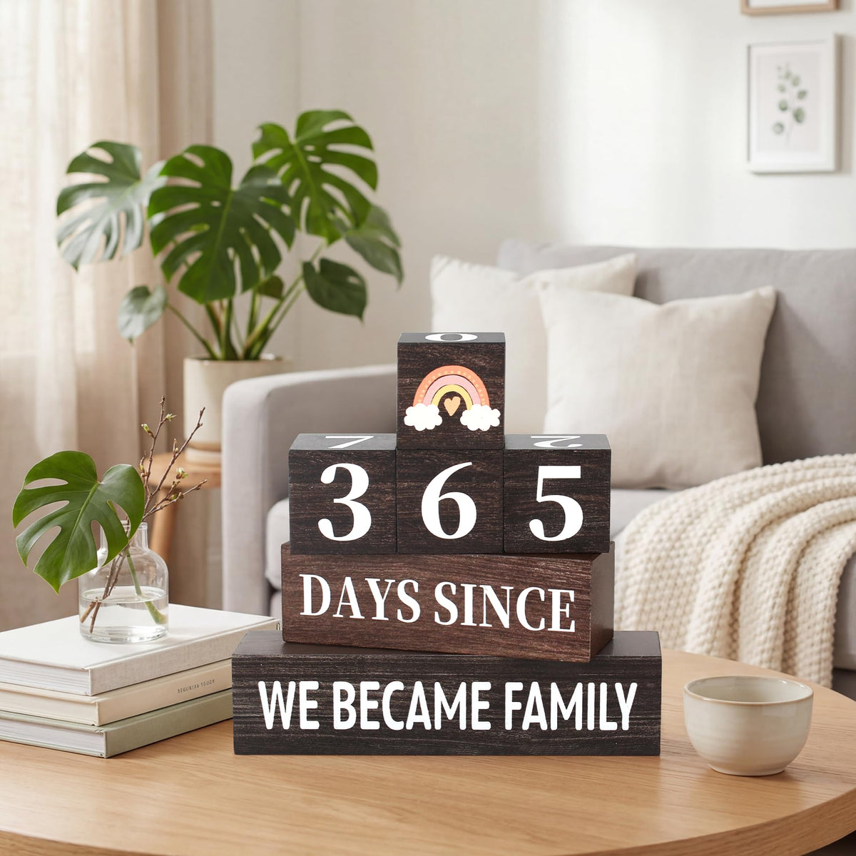6 Pcs 365 Days Countdown Adoption Wooden Table Decor, Adopt Rustic Table Centerpiece Decorations for Home Office Shelf