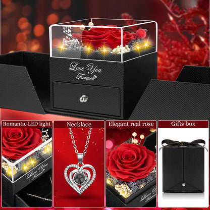 BNWXOY Preserved Red Real Rose with I Love You Necklace -Eternal Flowers Rose Birthday Gifts for Women Mom Grandma Wife Girlfriend Christmas Anniversary Romantic Gifts for Her