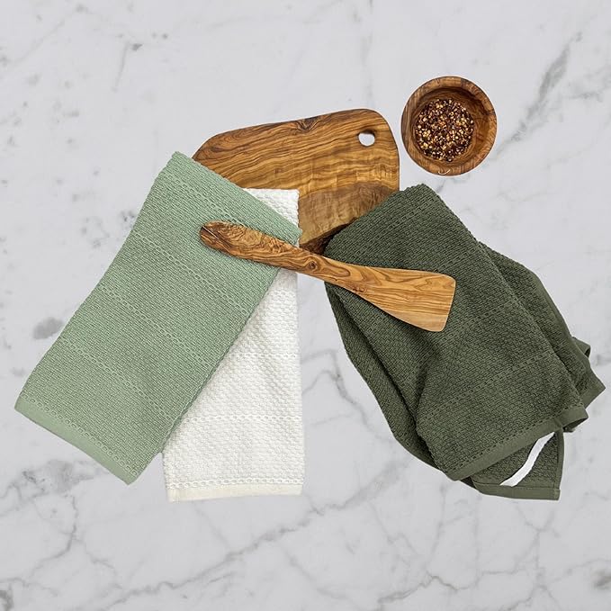 Sage White Dark Green Kitchen Hand Dish Towels: Oversized 28" x 18", 100%