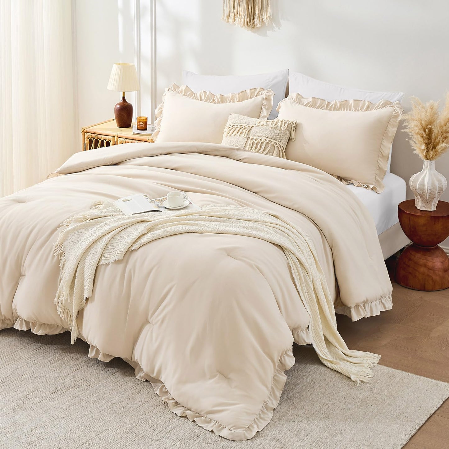 FUANNA Queen Comforter Set Beige 3 Pieces, Ruffle Shabby Chic Queen Bed Set, Fluffy Lightweight Soft Bed in a Bag Queen for All Seasons, Farmhouse Bedding Comforter Sets(1 Comforter & 2 Pillowshams)