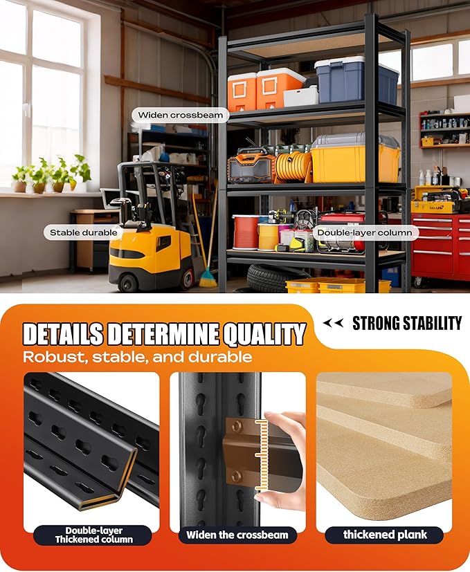 AOAORRG Set of 5 Garage Shelving Heavy Duty Storage Shelves, Metal Adjustable Shelving Unit, Utility Garage Organizer Shelf for Basement, Pantry, Kitchen, Warehouse, 45.6" Wx17.7 Dx71.2 H, Black