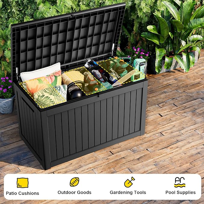 ROJIK Outdoor Storage Housing Deck Box - Waterproof Patio Furniture, Garden Tools, Cushions, Pool Accessories Storage Bench with Lockable Lid and Side Handles (Black 238 Gal)