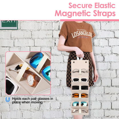 MoKo Sunglasses Organizer with 6 Slots, Foldable Travel Glasses Storage Case Holder Eyewear Display Box, Beige