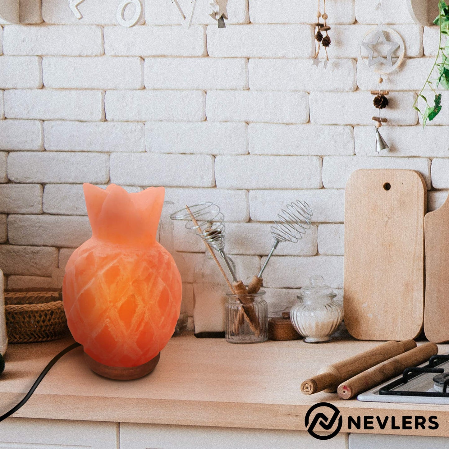 Nevlers Pineapple Shape Pink Himalayan Salt Lamp w/Wood Base| 7-8 lbs & 7"- 8" Tall Himalayan Pink Salt Lamp w/Dimmer Cord & Light Bulb| 100% Salt Rock Lamp | Ambient Salt Crystal Lamp for Home Decor