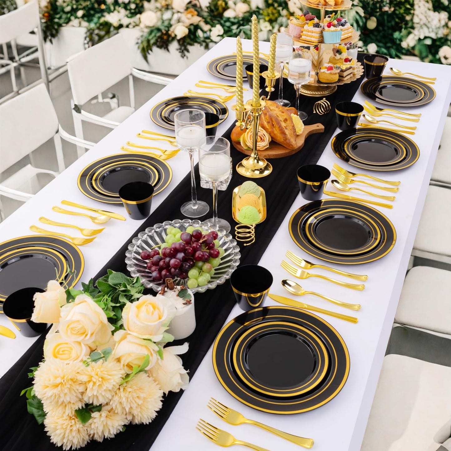 WELLIFE 150 PCS Black and Gold Disposable Dinnerware Set, Plastic Plates for Party, Including 25 Dinner Salad Plates, Cups, Forks Knives Spoons for Halloween and Party Supplies