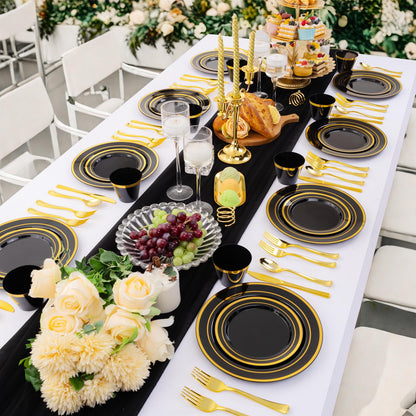 WELLIFE 150 PCS Black and Gold Disposable Dinnerware Set, Plastic Plates for Party, Including 25 Dinner Salad Plates, Cups, Forks Knives Spoons for Halloween and Party Supplies