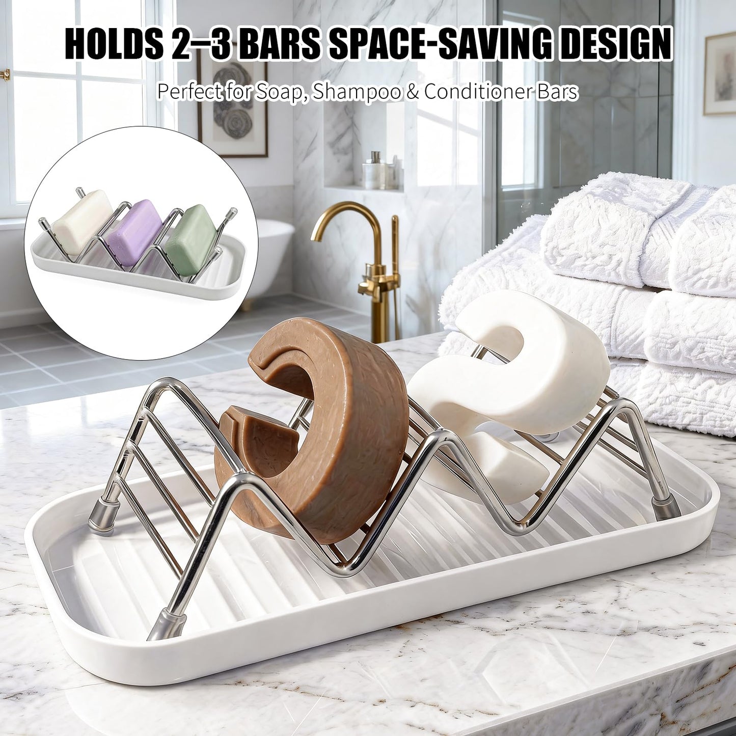 Soap Dish Holder Stainless Steel Self Draining with Tray, Shampoo Bar Holder for Shower, Rustproof Bathroom Soap Dish Organizer for Shampoo Bars, Conditioner Bars, Kitchen Sink Countertop