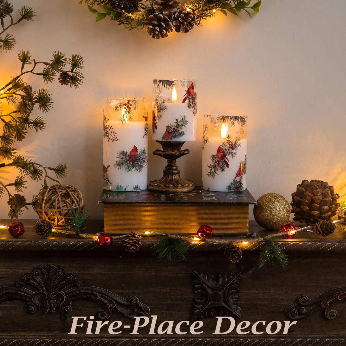 LUSHARBOR LUSHABOR Christmas Flameless Candles, 3 Pack Battery Operated Candles for Christmas Mantel Decor, Glass LED Flickering Candles Home Xmas Party Holiday D3 H4 5" 6", Bird