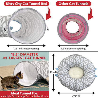 Kitty City Large Cat Tunnel Bed, 2-in-1 Zip-Together Cat Play Tunnel & Plush Nap Bed, Pop-Up Indoor Cat Toy with Hanging Toys, Collapsible Design - White