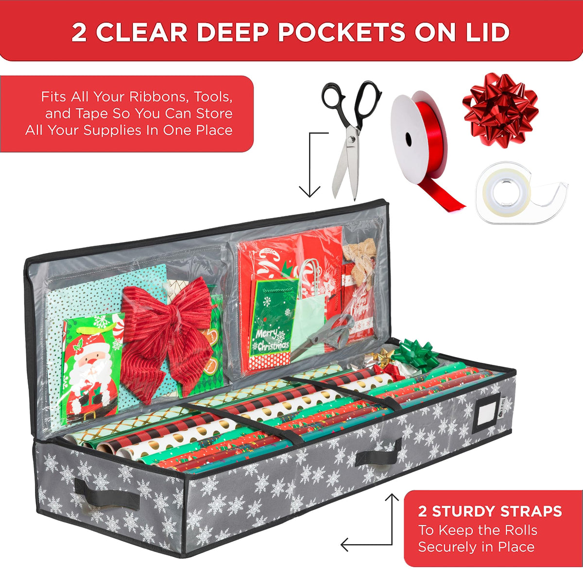 HOLDN’ STORAGE Premium Wrapping Paper Storage Container - Durable 600D Tear-Proof, Fits 27 Rolls Gift Wrap, Extra Pockets for Ribbons & Bows, Underbed Storage - Ideal for Holiday Christmas, Grey/White Snowflakes