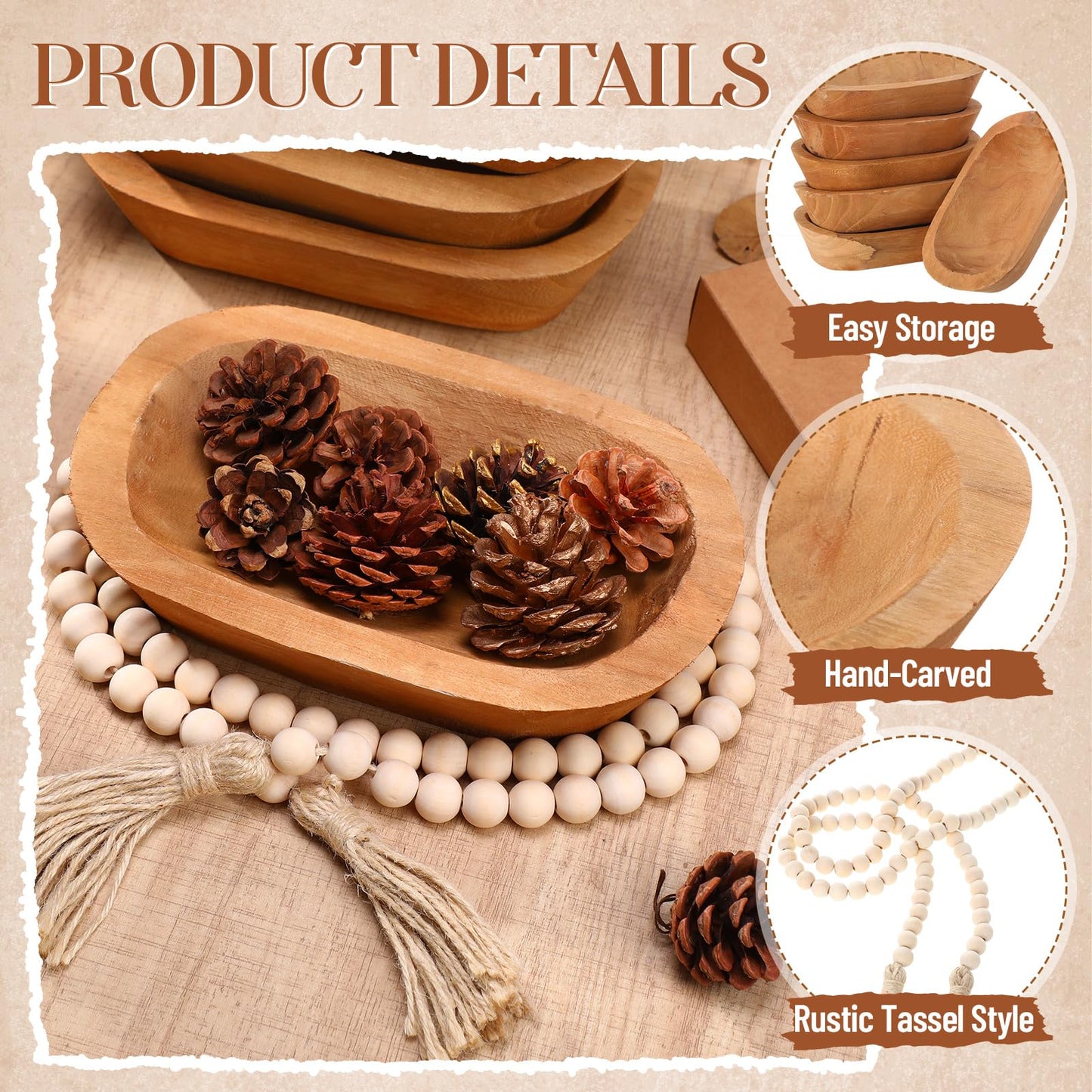 LemonRoad 12 Pcs Wooden Dough Bowl Making Wood Table Centerpiece Decorations Beads String with Tassel Decorative Bowl Natural Rustic Filler Tray Farmhouse Dining Kitchen(Caramel,Short)