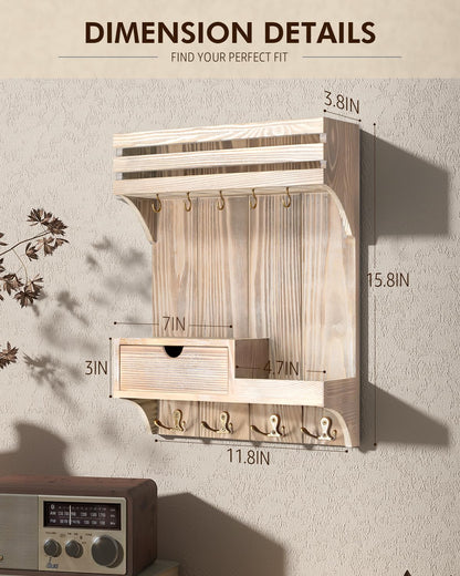 Rebee Vision Decorative Key Holder Wall Mount with Mini Drawer Organizer - Farmhouse Key Holder for Wall with Mail Organizer & 9 Key Hooks - Ideal Room Decor Aesthetic (Natural Wood)