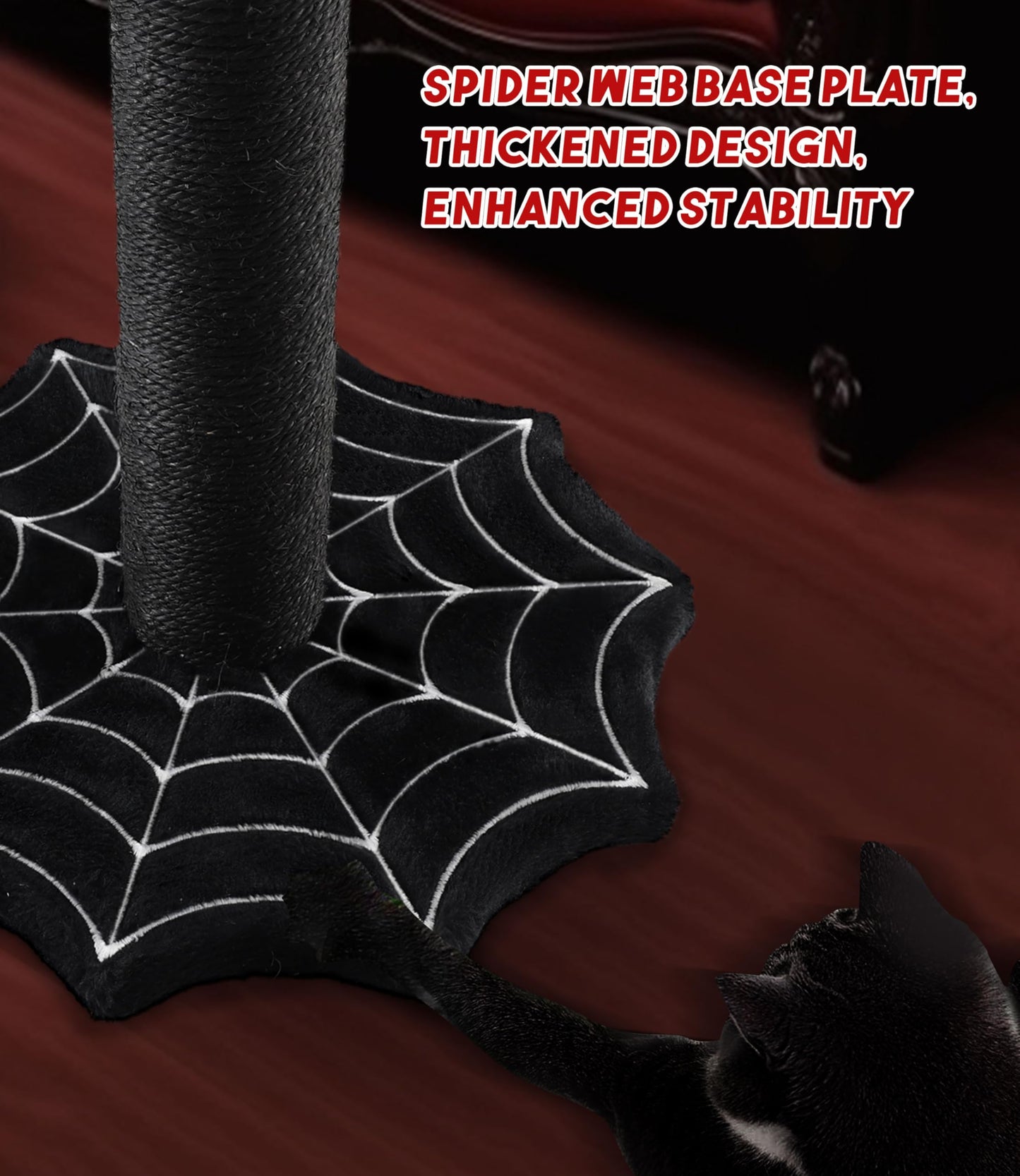 PuzzlePaw Gothic Cat Scratching Post with Spider Dangling Toys for Indoor Cats, Halloween Spooky Cat Scratcher,Activity Cat Play Center Goth Cat Tree Tower Furniture with Cobweb Base,Black