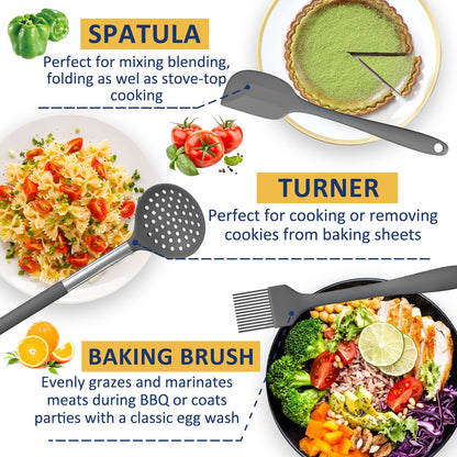 Silicone Cooking Utensil Set, Fungun Non-stick Kitchen Utensil 24 Pcs Cooking Utensils Set, Heat Resistant Cookware, Silicone Kitchen Tools Gift with Stainless Steel Handle (Gray-24pcs)