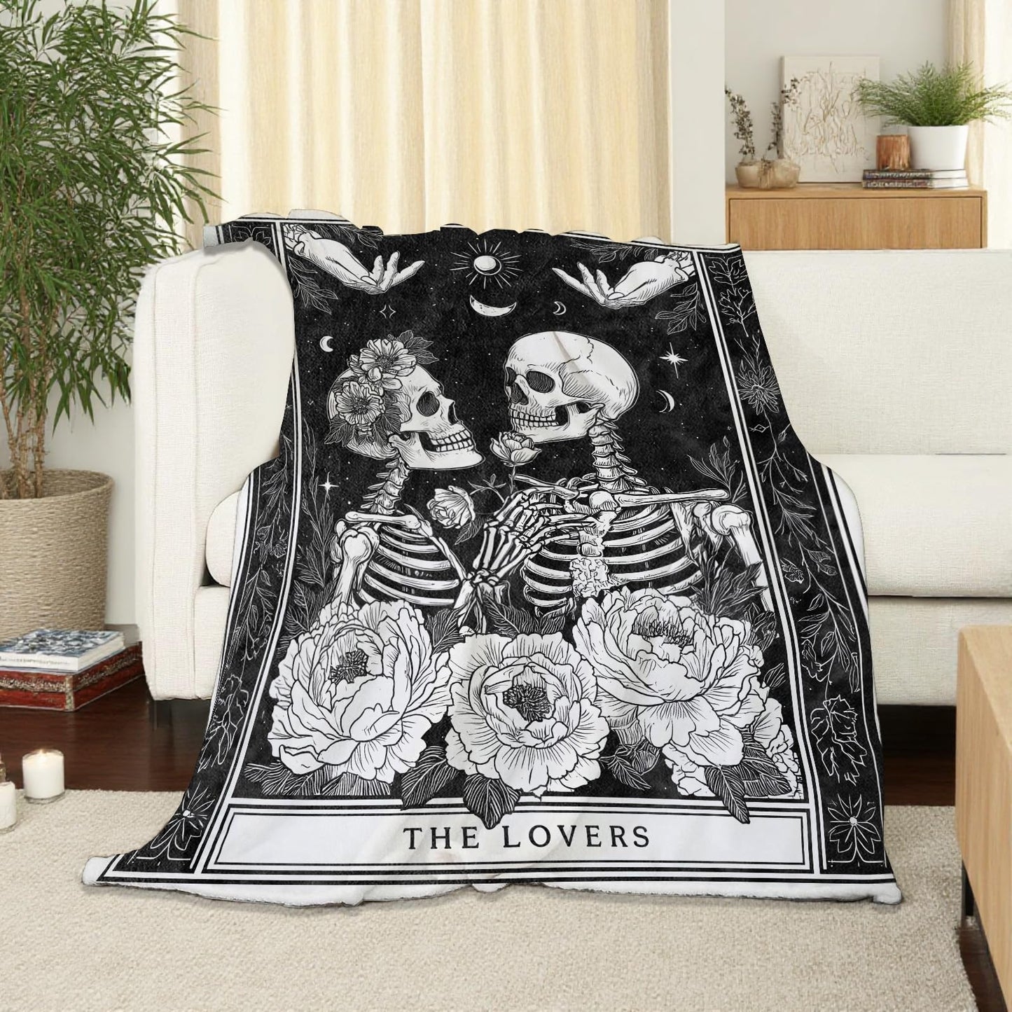 SOMEKLLY Skull Couple Throw Blanket Soft Cozy Lightweight Flannel Blankets with Gothic Romantic Skeleton Lovers and Floral Printed for Adults Bedroom Dorm Office Goth Halloween Decor Gifts 50x60 Inch