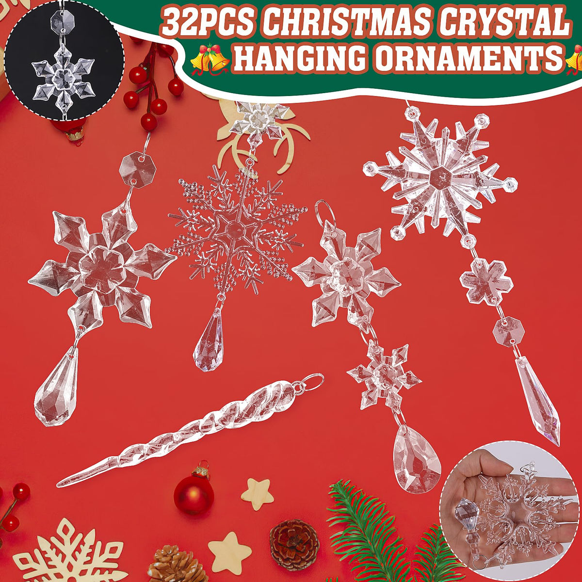 CCINEE 32pcs Crystal Hanging Ornaments, Acrylic Snowflakes Decorations for Valentine Easter Tree for Winter Wonderland Wedding Parties Home Pendants