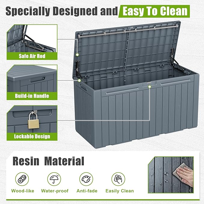 Flamaker Resin Deck Box 100 Gallon Large Lockable Outdoor Storage Box Waterproof for Patio Cushions, Tools, Pool Accessories (Gray)