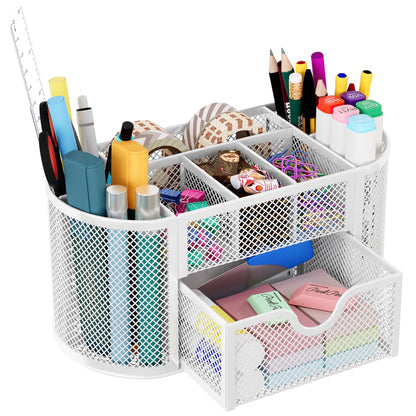 EasyPAG Mesh Pen Holder Desk Organizer with Drawer Stationery Supplies Organizer for Dorm School 9 Compartments Workspace Desk Accessories Organization for Office, White