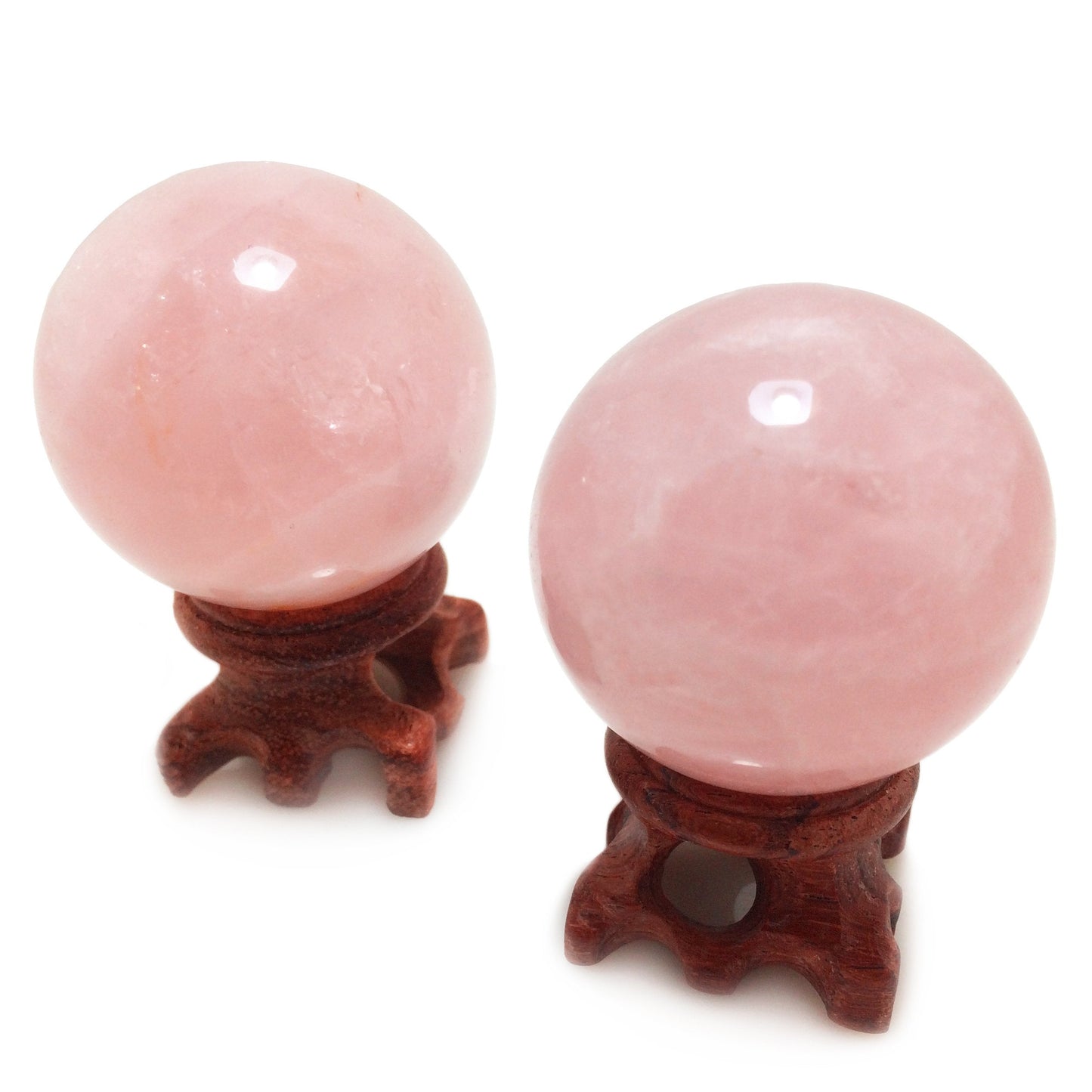 Polar Jade Set of 2 Natural Rose Quartz Crystal Spheres with Wooden Stands, Hand-Polished 45 mm (1.8”) Display Balls for Meditation, Feng Shui & Mindful Décor
