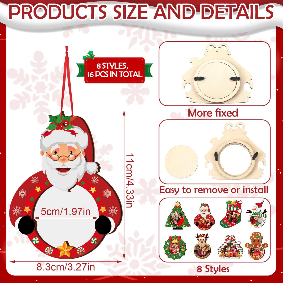 Yalikop 16 Pcs Christmas Photo Frame Ornaments Wooden Nutcrackers Santa Snowman Snowflake Picture Frame Tree Decoration DIY Photo Keepsakes for Xmas Party Decorations Winter (Classic)