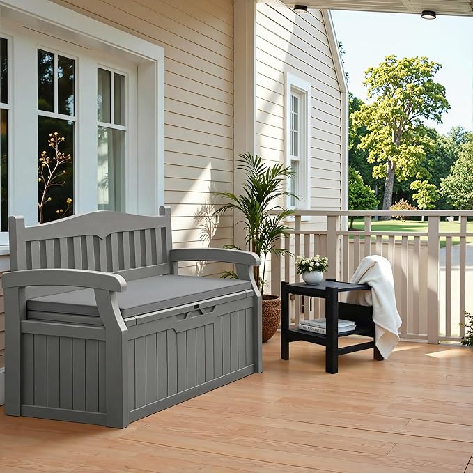 Flamaker 80 Gallon Storage Bench with Cushions Outdoor Indoor, Durable All-Weather Seating with Hidden Storage, Lockable Deck Box for Garden, Patio, Poolside (Grey)