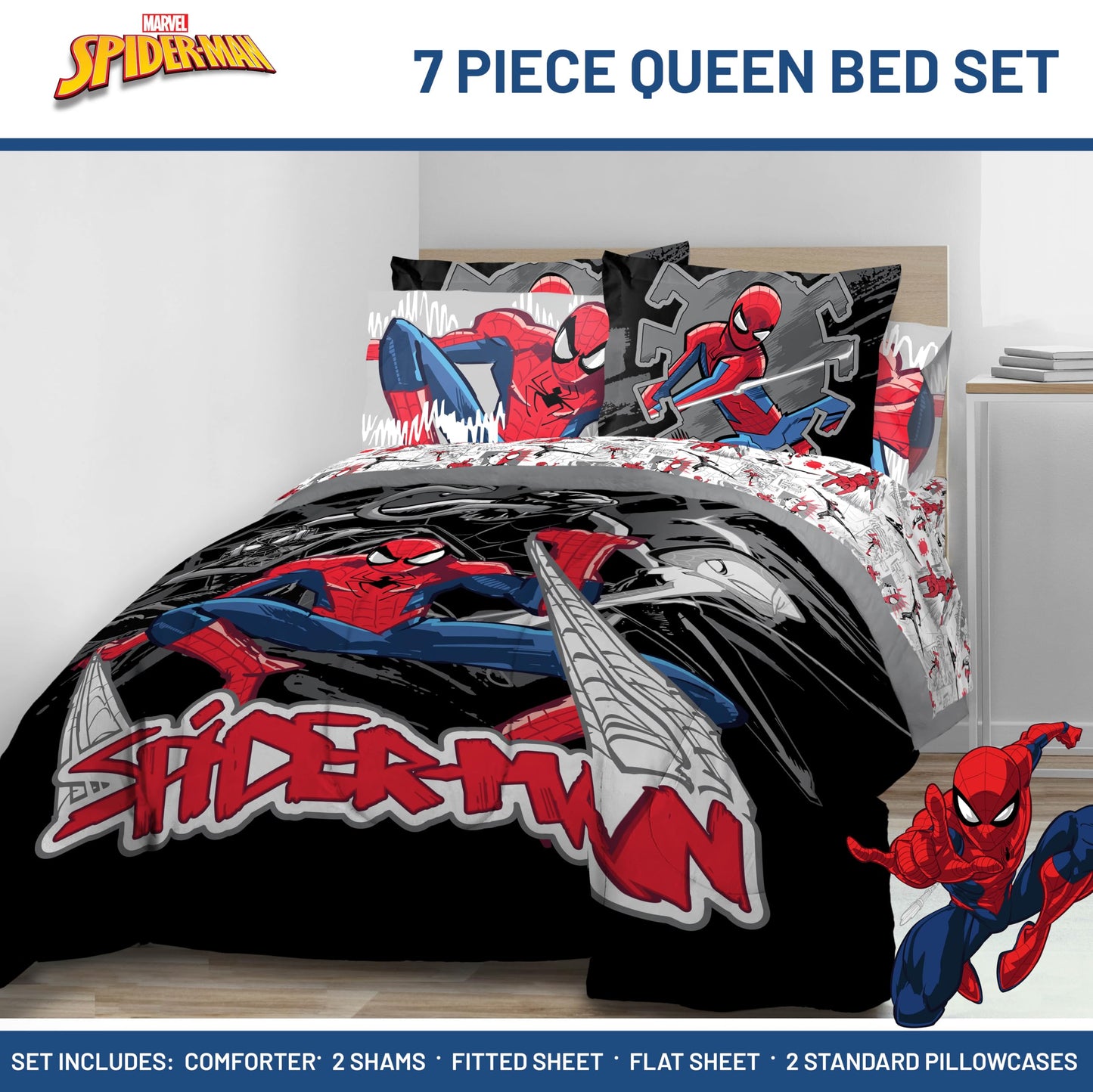 Jay Franco Kids Bed Set, Black, Spiderman, 7 Piece Queen