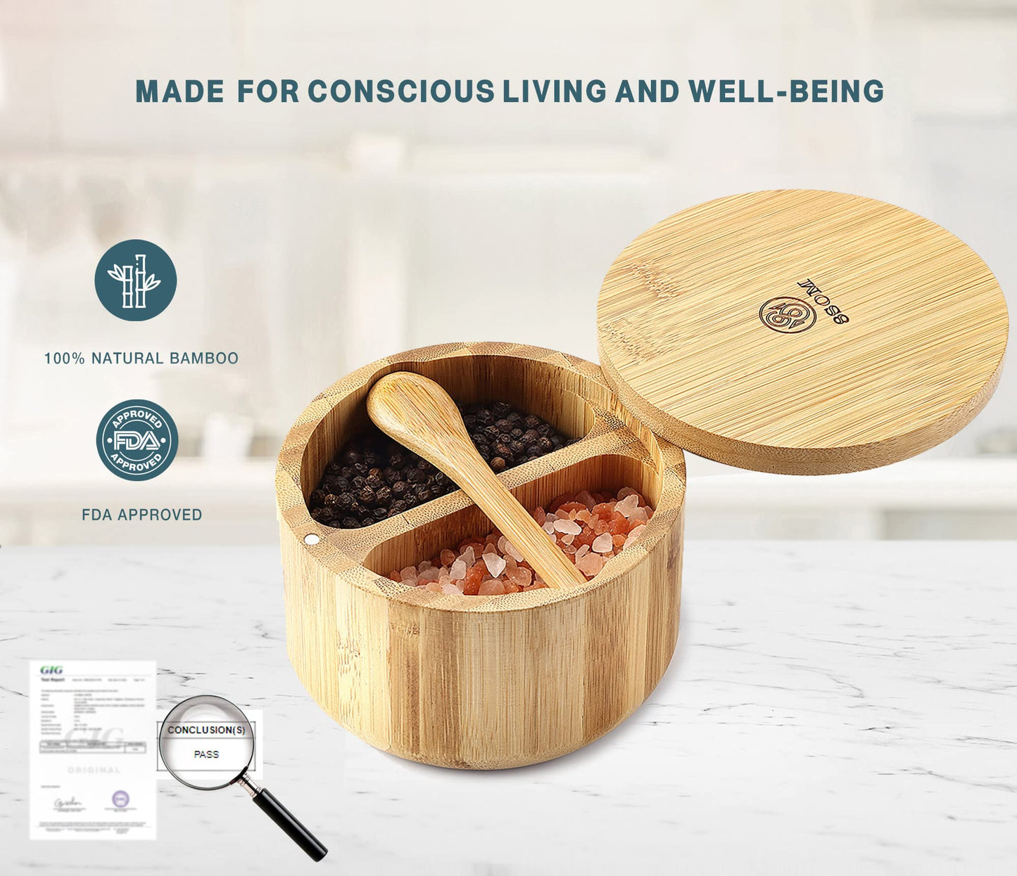 8SOM Bamboo Salt and Pepper Box with Swivel Lid, Embedded Spoon, Magnetic Closure Lid to keep the dust out, Salt Cellar Bowl Container to Storage Pepper Spice Herb Sea Salt, Dual 5 Oz Capacity