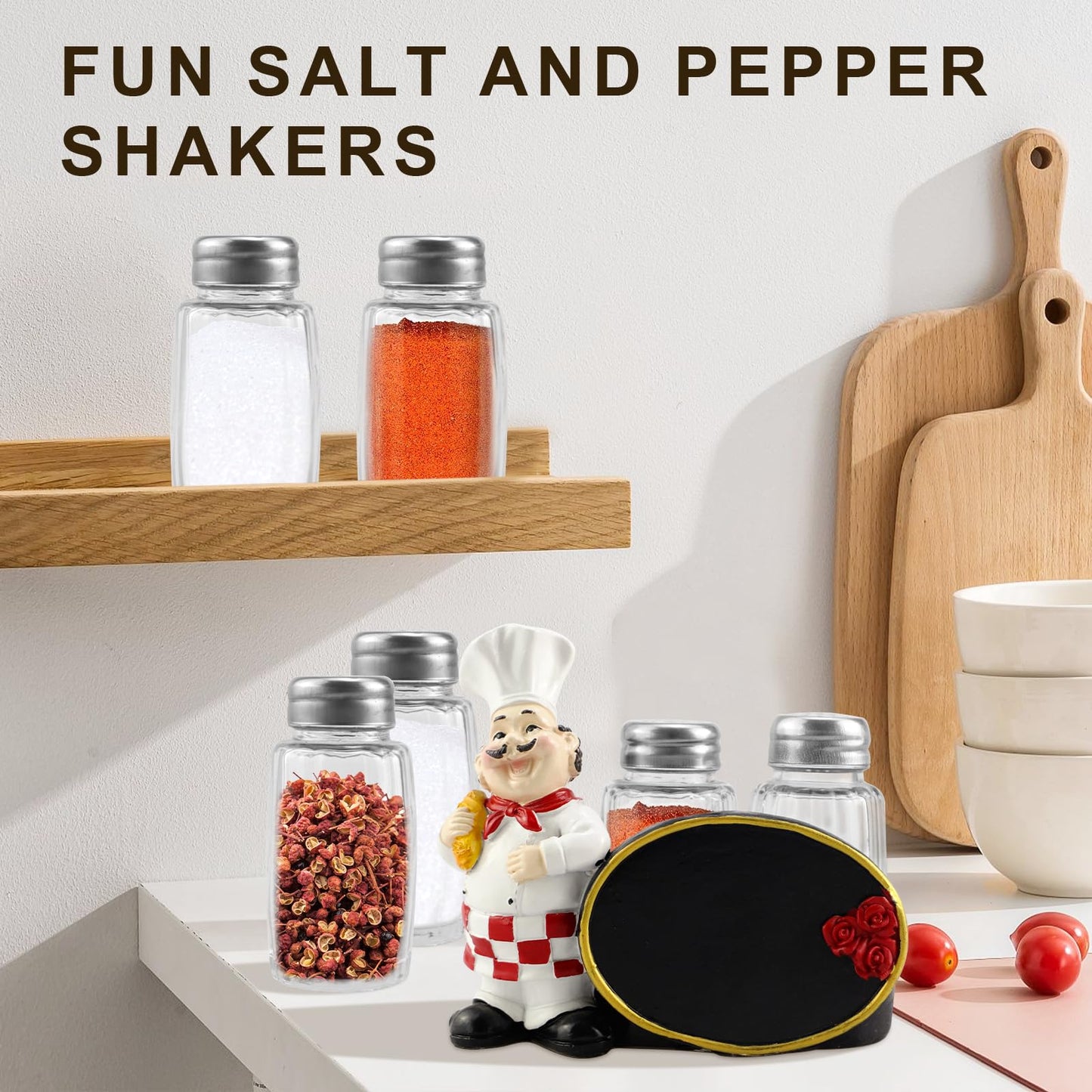 Chef Salt and Pepper Shaker Set with Chalkboard Holder, Cute Kitchen Seasoning Dispenser, Glass Salt Pepper Shakers for Dining Table, Kitchen Counter Decor, Restaurant Style Spice Set