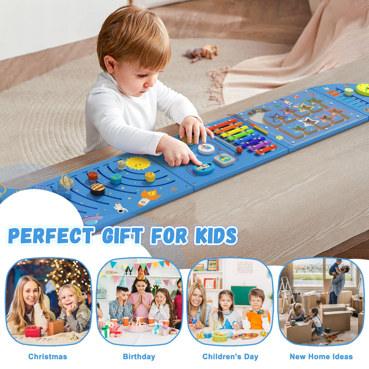 Spacocld Rocket Activity Wall Busy Board Panels - Sensory Wall Panel for Kids, Montessori Toddler Wall Activity Board, Wall Toys for Toddlers 3, Activity Cube, Wooden Multi-Activity Boards, Blue(5PCS)