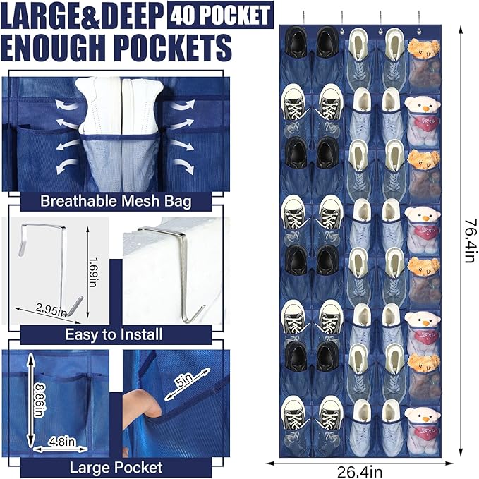 Windyun 40 Large Over the Door Hanging Shoe Organizer Navy Blue Mesh Pockets