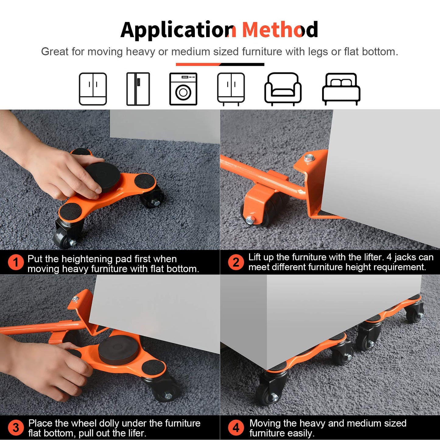 Ronlap 6-Inch Steel Tri-Dolly, 3-Wheel Furniture Mover's Dolly with Lifer, Heavy Furniture Moving Rollers, 200 KG Capacity 4 Pack (Orange)