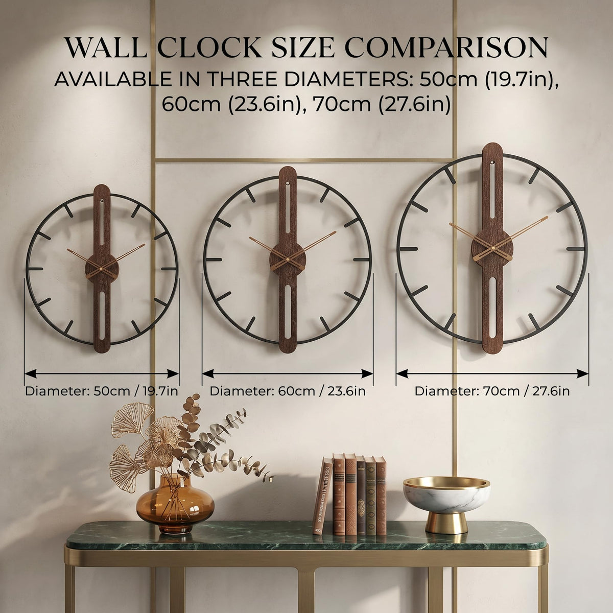 DAYDAYART Modern Walnut Dial Wall Clock, Wood Large Wall Clock Decor Metal Frame Silent Non Ticking for Living Room, Bedroom, Kitchen, Study Decoration, Handmade Home Present Idea, 20 in （50 cm）