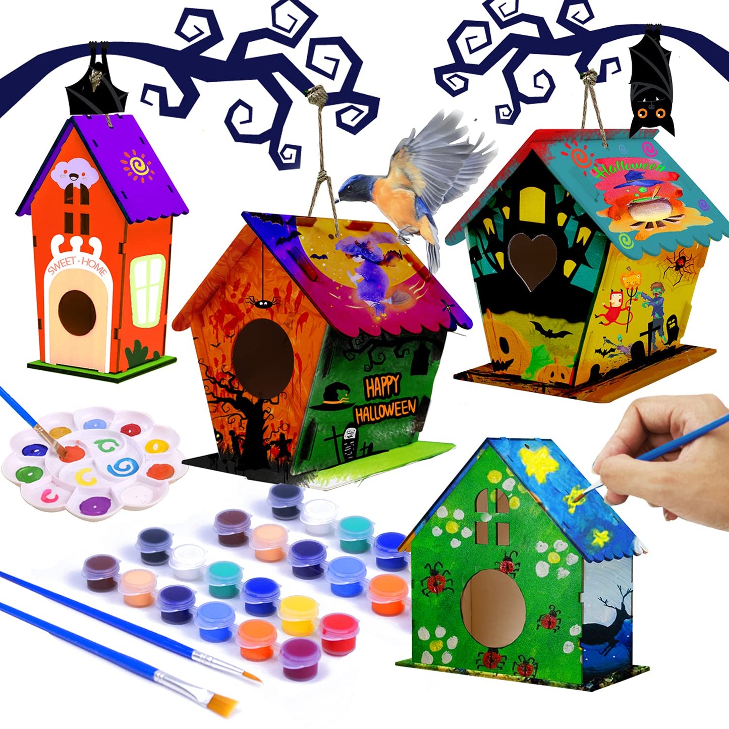 hapray 4 Pack DIY Bird House Kit, Crafts for Children to Build and Paint Birdhouse (Includes Paints & Brushes) Wooden Arts for Kids Girls Boys Toddlers Gifts Halloween Christmas