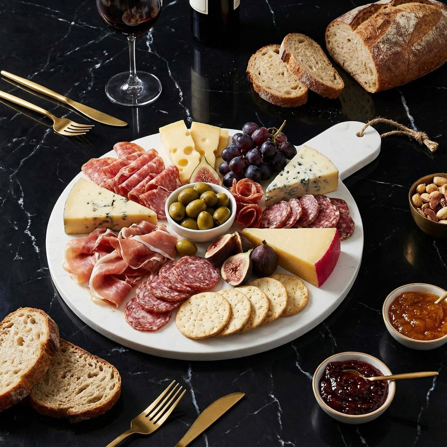 Ferrochef Round Marble Charcuterie Cutting Serving Board, 12 Inch Cheese Board with Handle for Kitchen Wedding Anniversary Bridal Shower, or Housewarming Gift