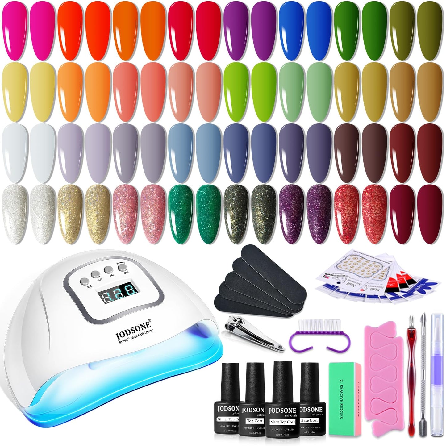 JODSONE Gel Nail Polish Kit with U V Light 32 Colors Gel Polish Nail + 4 Functional Adhesive Bottles Kit Soak Off Manicure Tools Gifts for Women