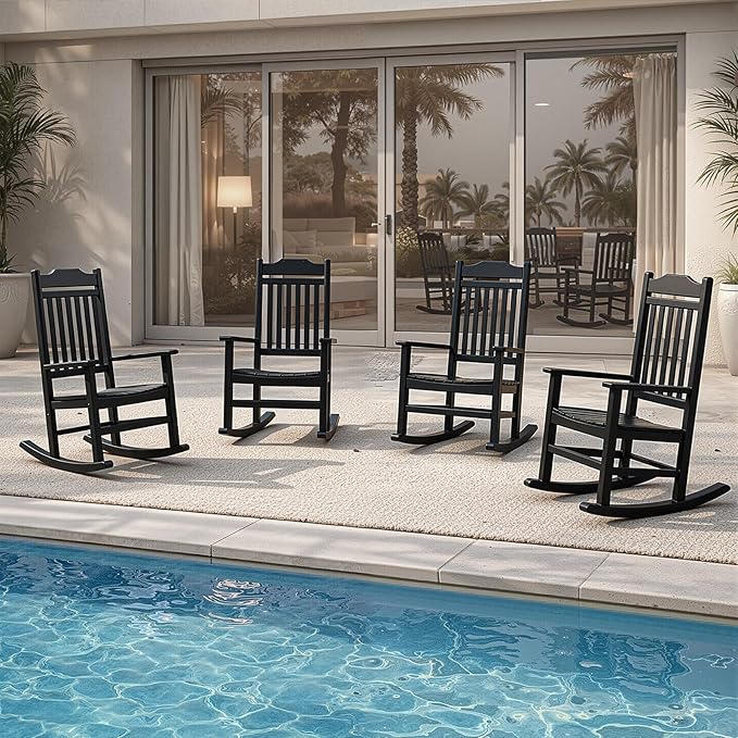 Patio Rocking Chair Outdoor Set of 4,Weather Resistant Poly Resin Oversized Porch Rocker,High Back Smooth Design,350lb Weight Capacity,Indoor Outdoor Use(4, Black)
