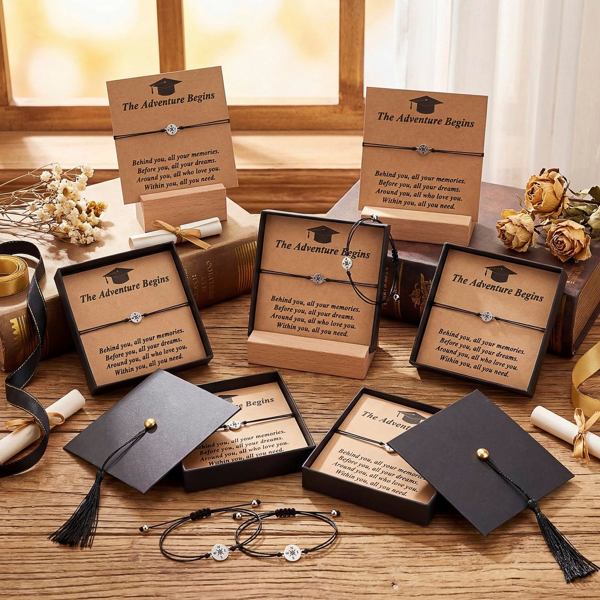 6 Sets Graduation Gift Grad Cap Box & Bracelet - 2026 Graduation Gifts Her Him, Adjustable Unisex Compass Bracelets Bracelet Tassel & Wish gift Grad card for Primary, Middle, High School & College Graduates