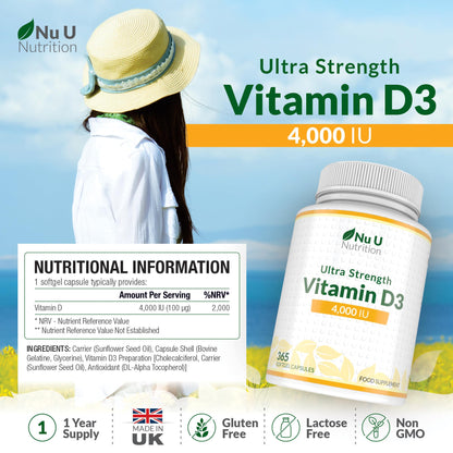 Nu U Nutrition - Vitamin D 4000 IU - 365 Softgel Capsules not Tablets - 1 Year Supply - Quadruple Strength -Easy to Swallow - Vitamin D3 Supplement - Made in The UK