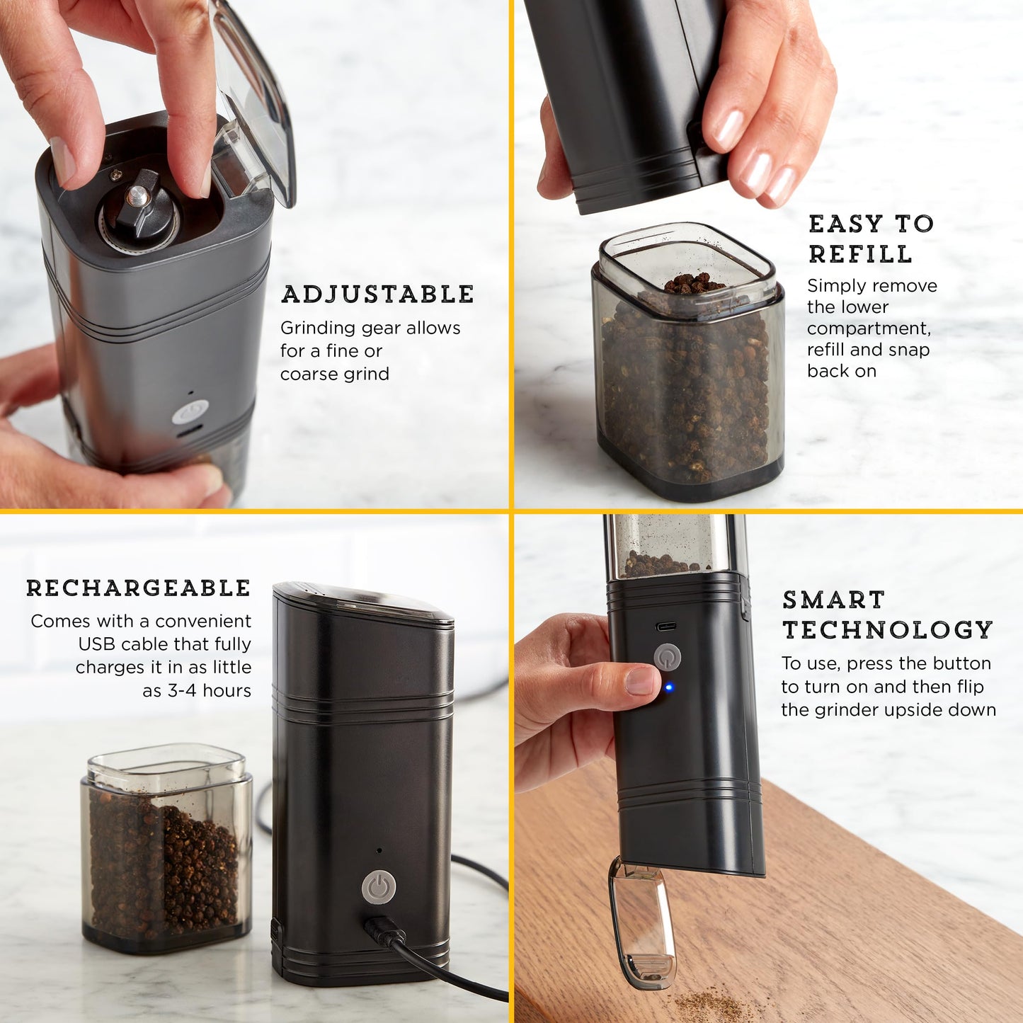 Kamenstein USB Rechargeable Gravity Feed Grinder, Filled With Peppercorns, Black